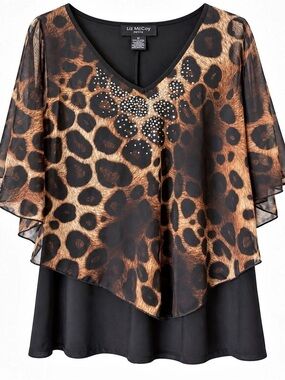 Liz McCoy Petite PXL Leopard Print Rhinestone Layered Tunic Top Black Brown